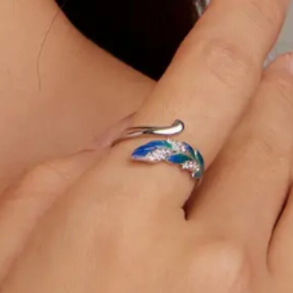 925 Sterling Silver Zirconia Diamond Feather Cuff Ring Blue Enamel Adjustable - Picture 2 of 5
